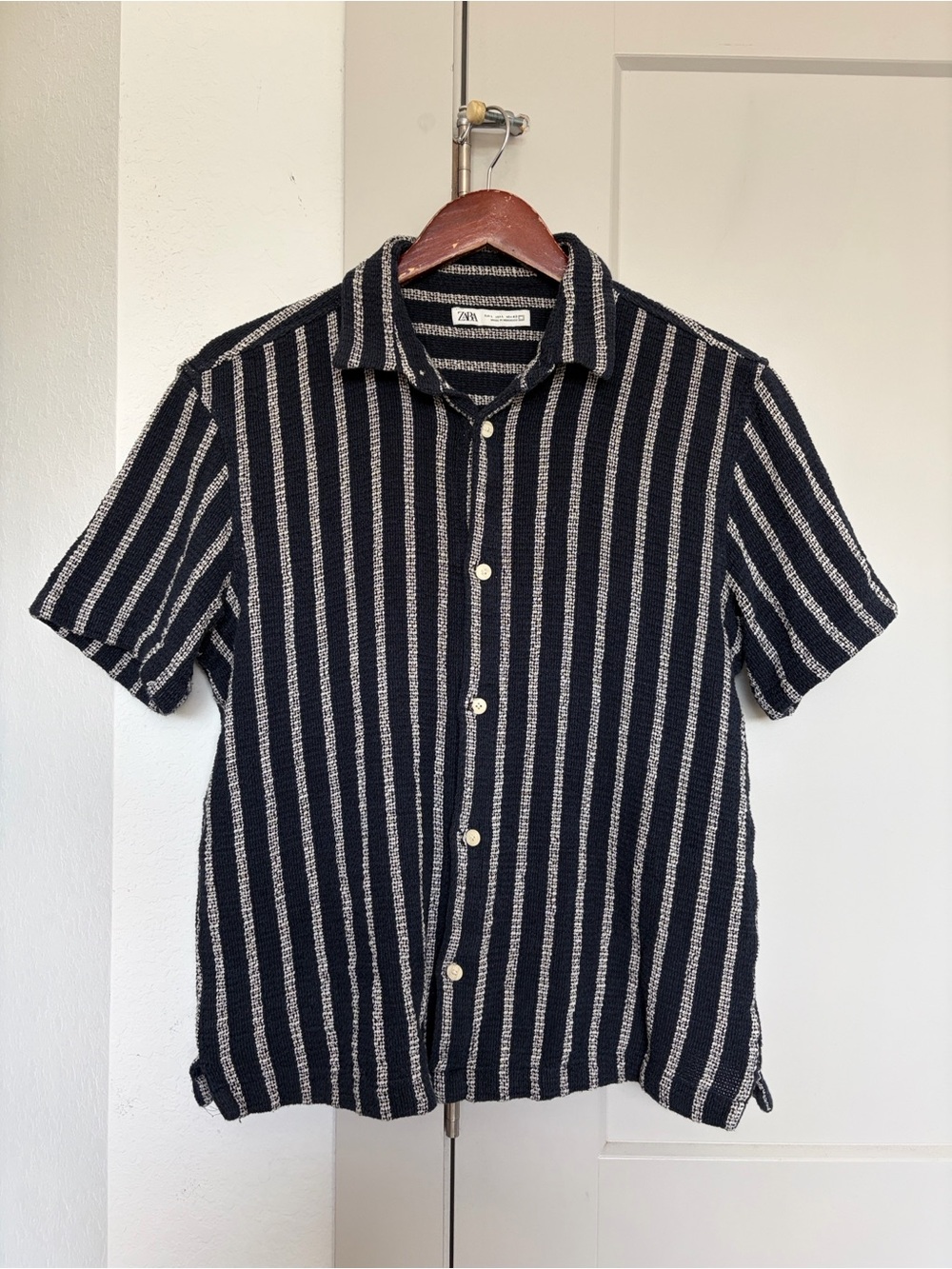 Zara Shirt Mens Linen Blend Camp Collar Blue White Striped Button Up XL